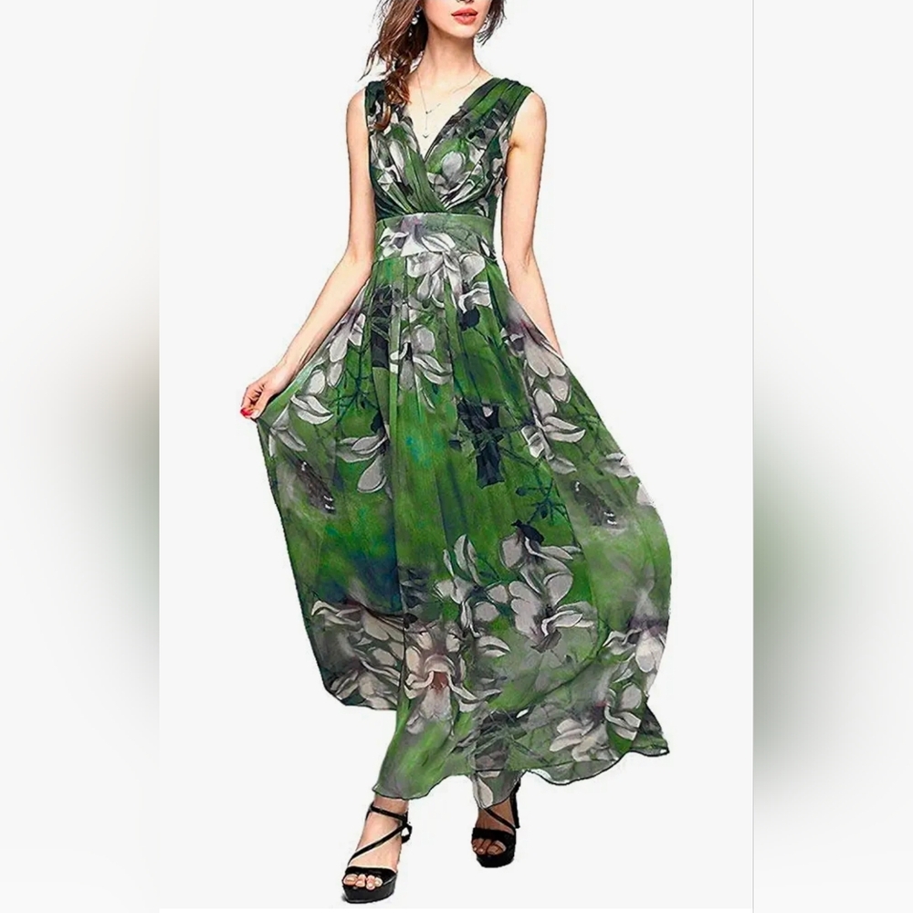 Green Floral V-Neck Maxi Dress with Waistband